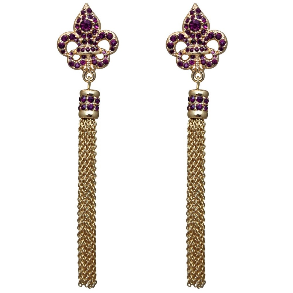 Ritzy Couture Royal Pave Fleur de Lis Amethyst Tassel Earrings (Goldtone)
